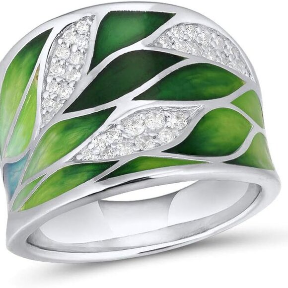 925 Sterling Silver Bamboo Leaves Ring Handmade Enamel Leaf Pattern Ring for Wom